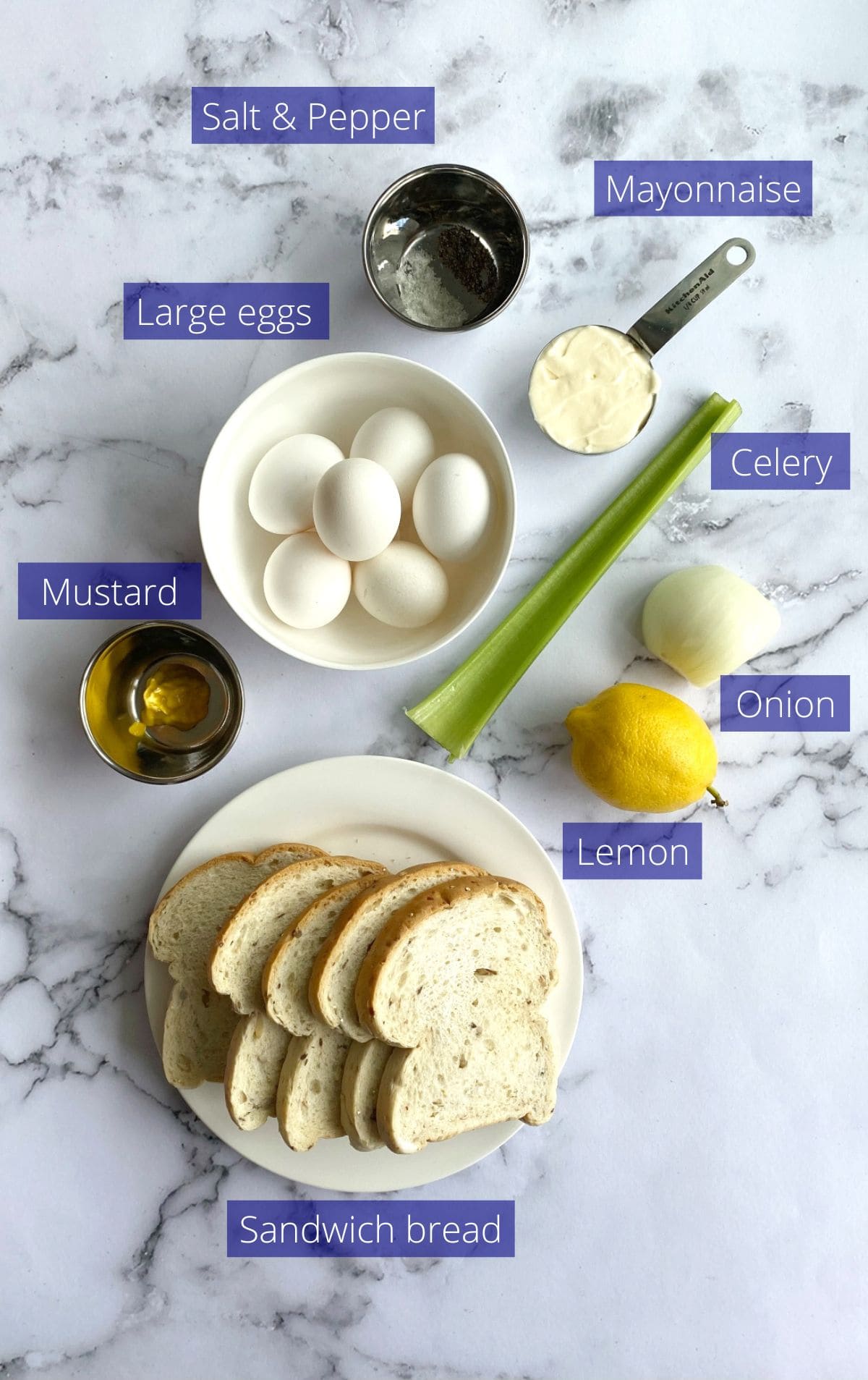 Ingredients to make egg salad sandwich.