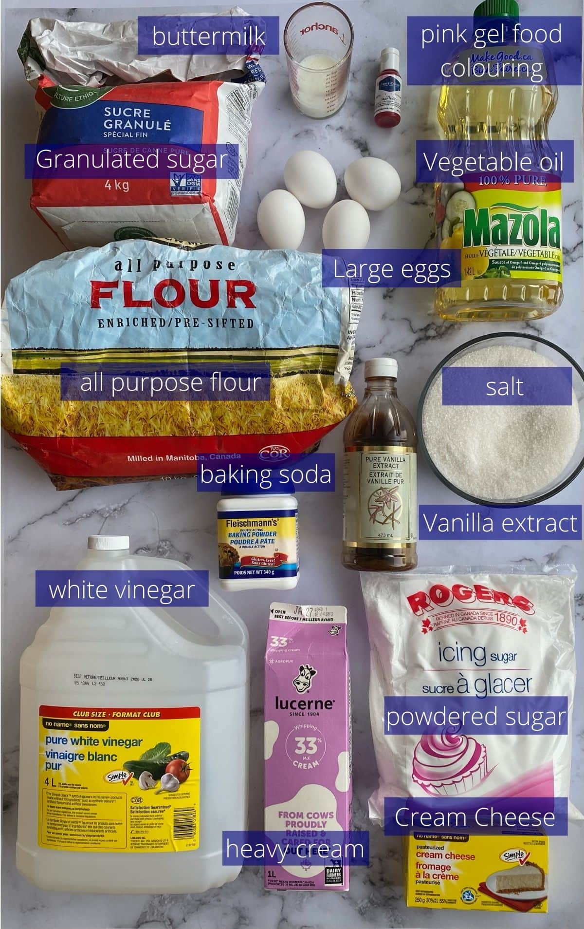 Ingredients needed to make a pink velvet swiss roll cake.