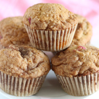 a plate of rhubarb muffins.