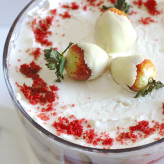 An above view of a red velvet cheesecake trifle.