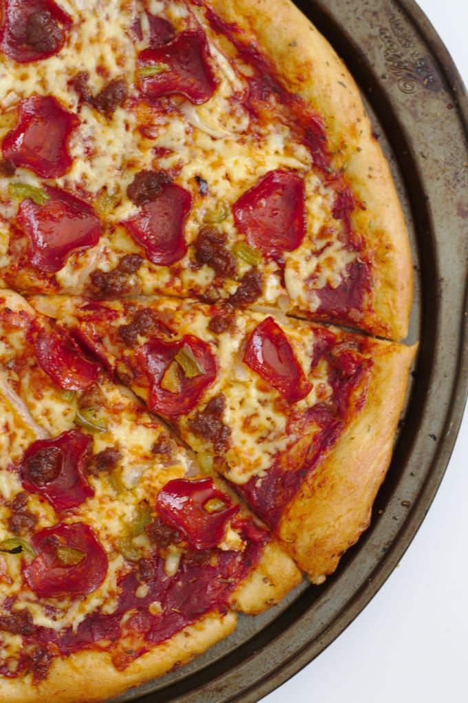 An above shot of a homemade pizza.