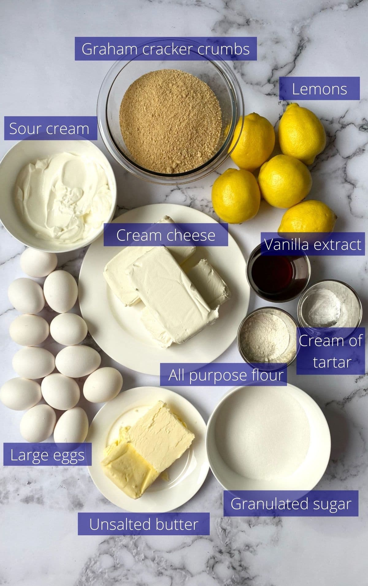 Ingredients for lemon meringue cheesecake.
