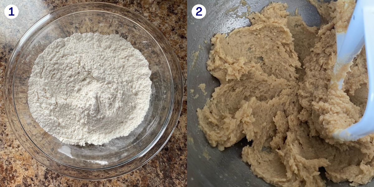 Recipe step 1 for making white chocolate macadamia nut cookies.