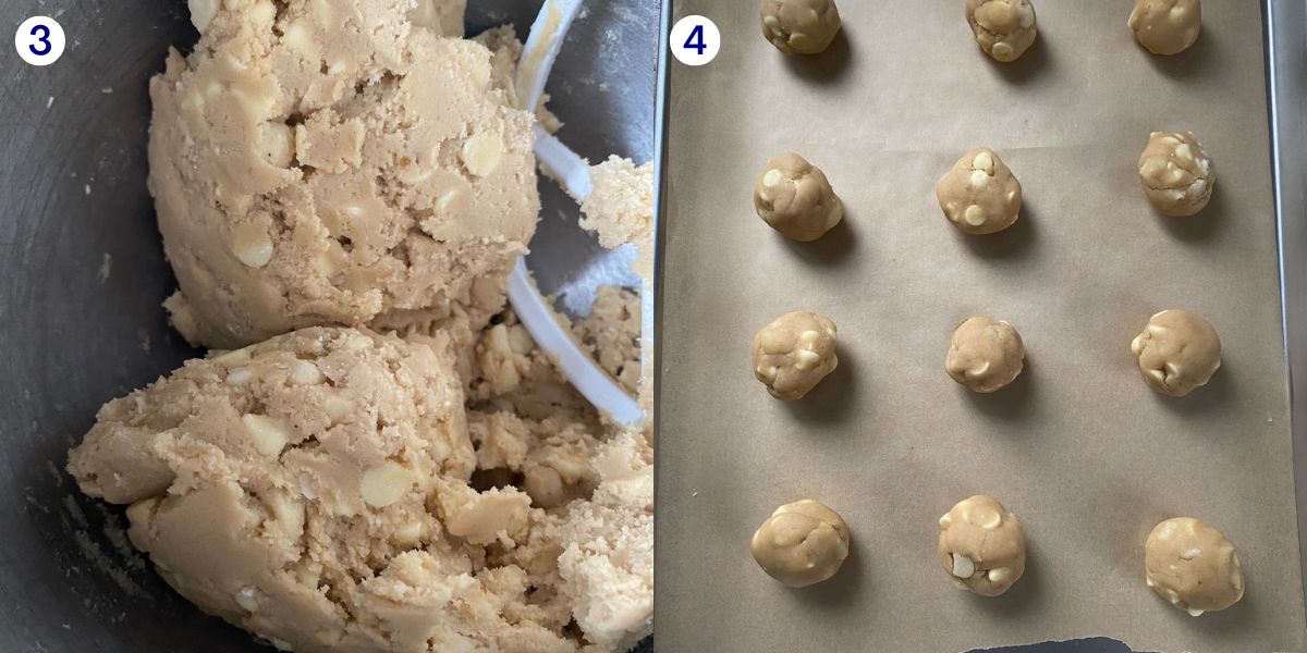 Recipe step 2 for making white chocolate macadamia nut cookies.