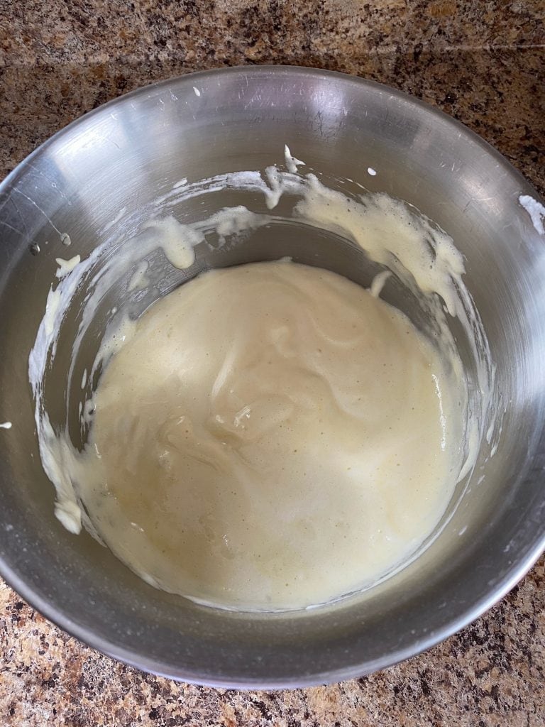 Whipped egg whites folded in to the egg yolk mixture.
