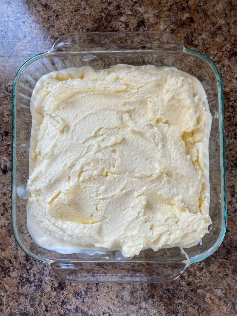 The churned sherbet in a container.