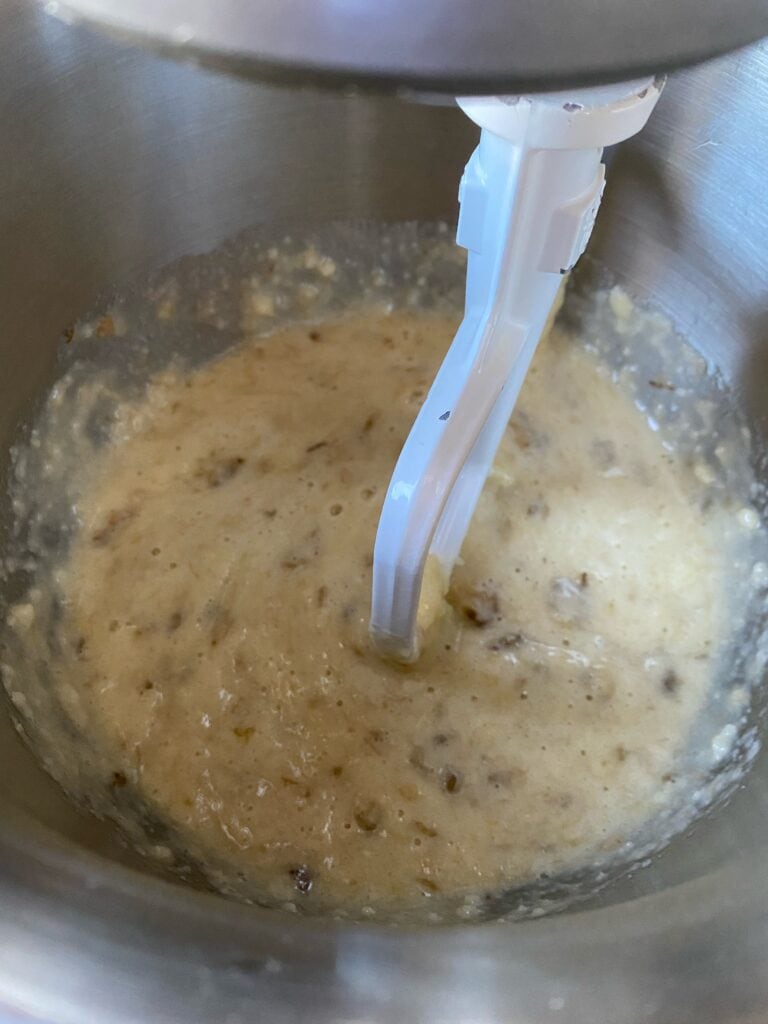 Mashed bananas added to the batter.