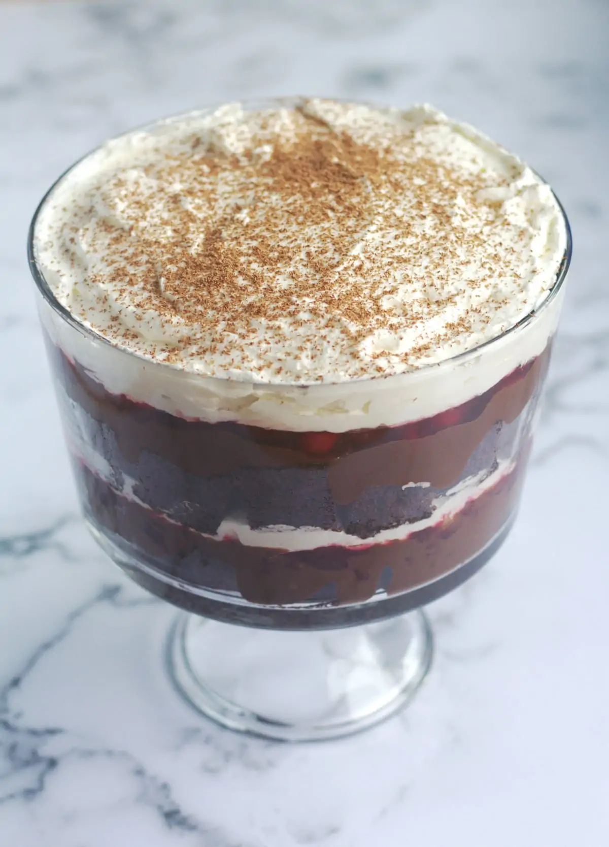 A trifle in a trifle dish.