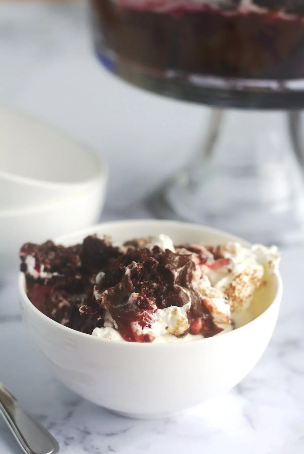 Trifle in a white bowl.