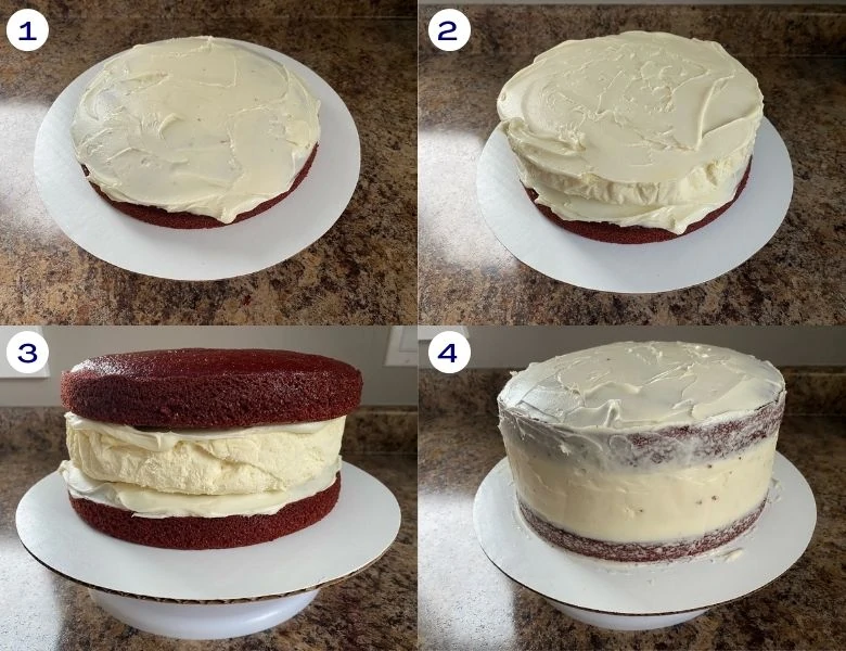 Instructions for assembling red velvet cake cheesecake.