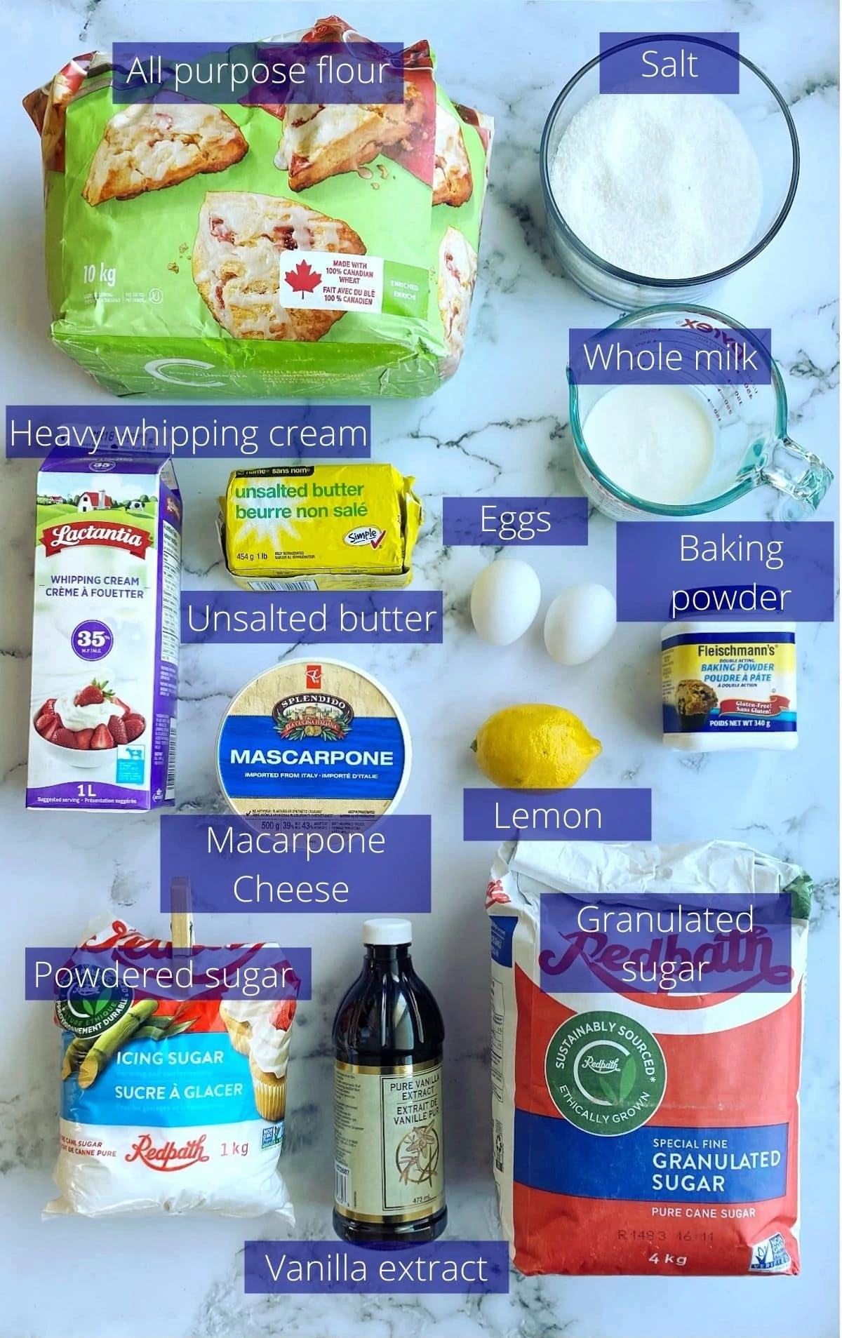 Ingredients needed to make Italian lemon cream cake.