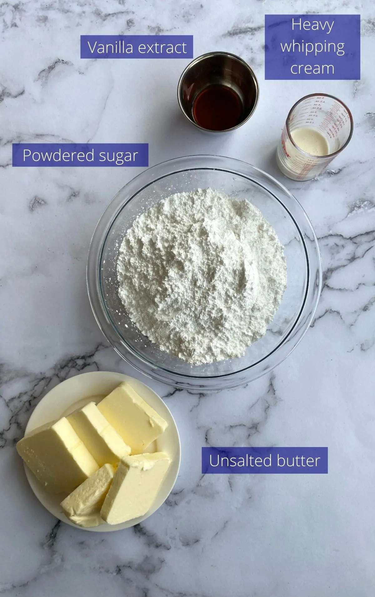 Ingredients needed to make buttercream frosting.