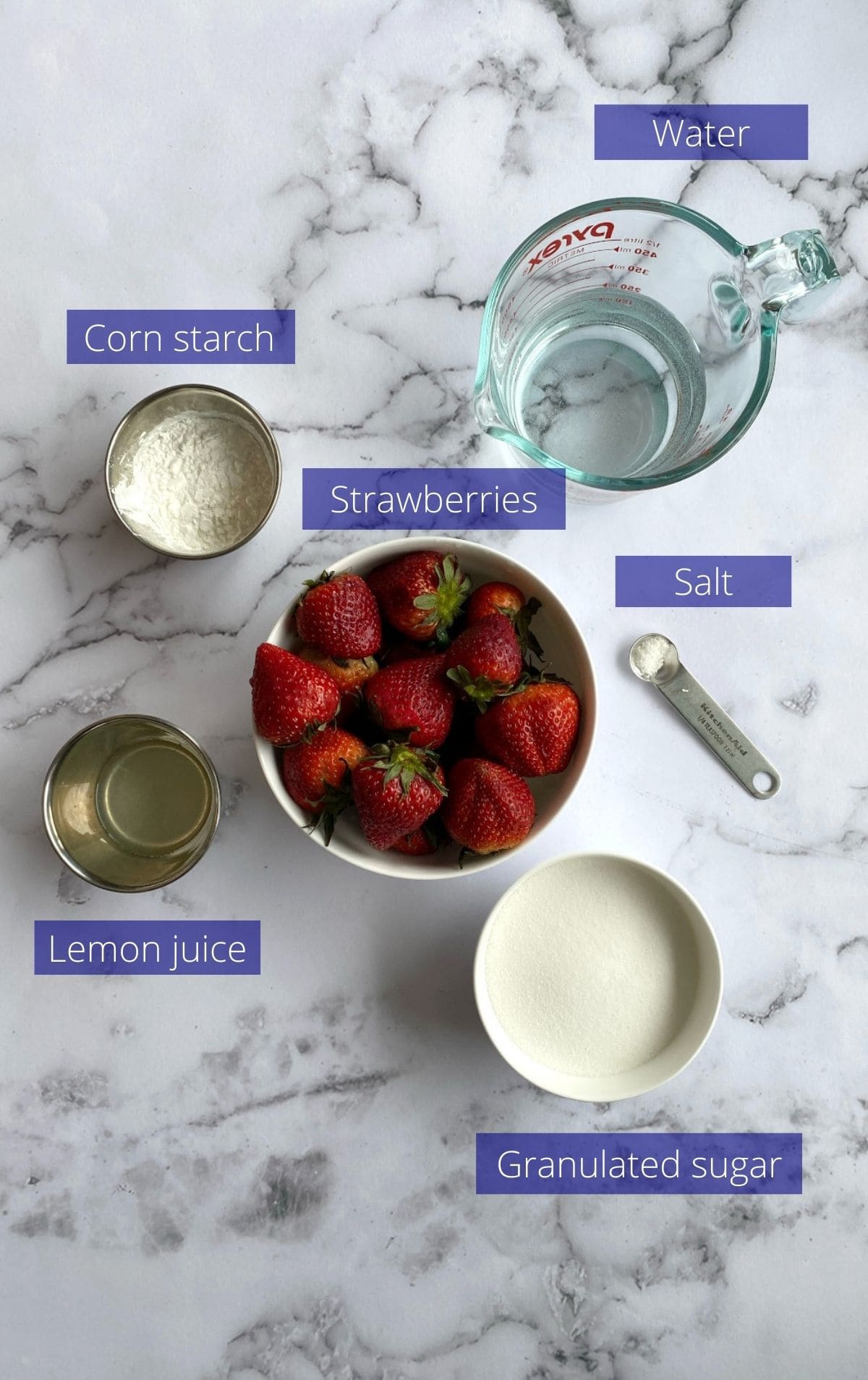 Ingredients needed to make strawberry filling.