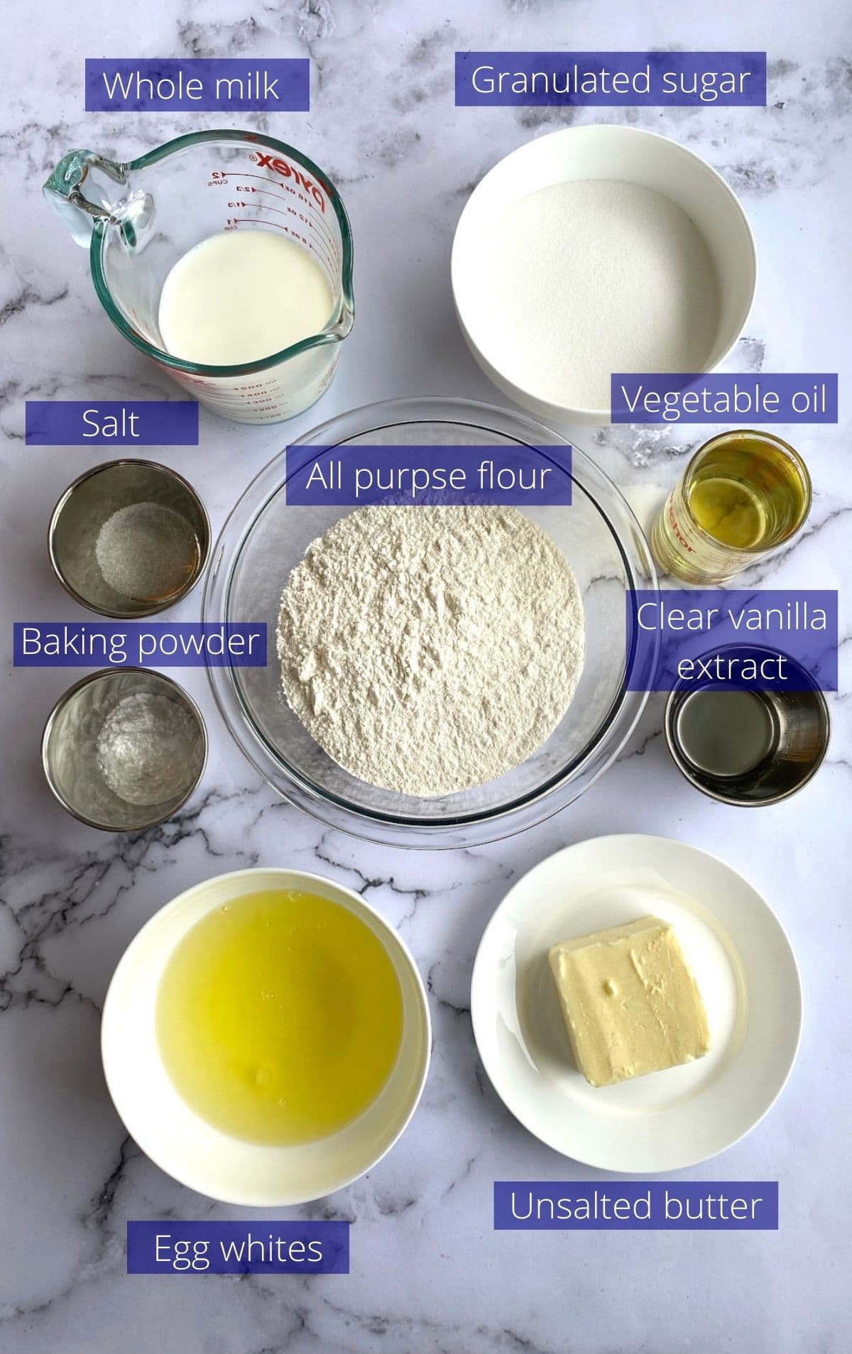 Ingredients needed to make white cake.