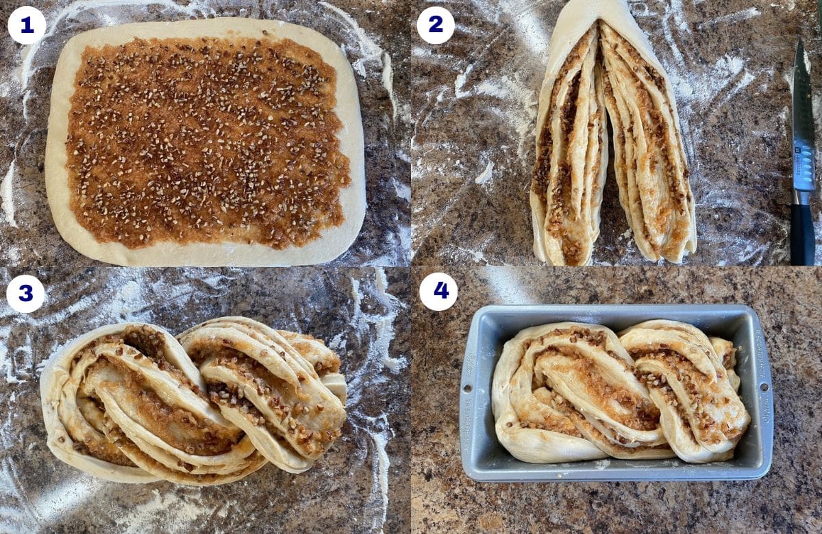 Recipe steps to apple butter cinnamon swirl bread.