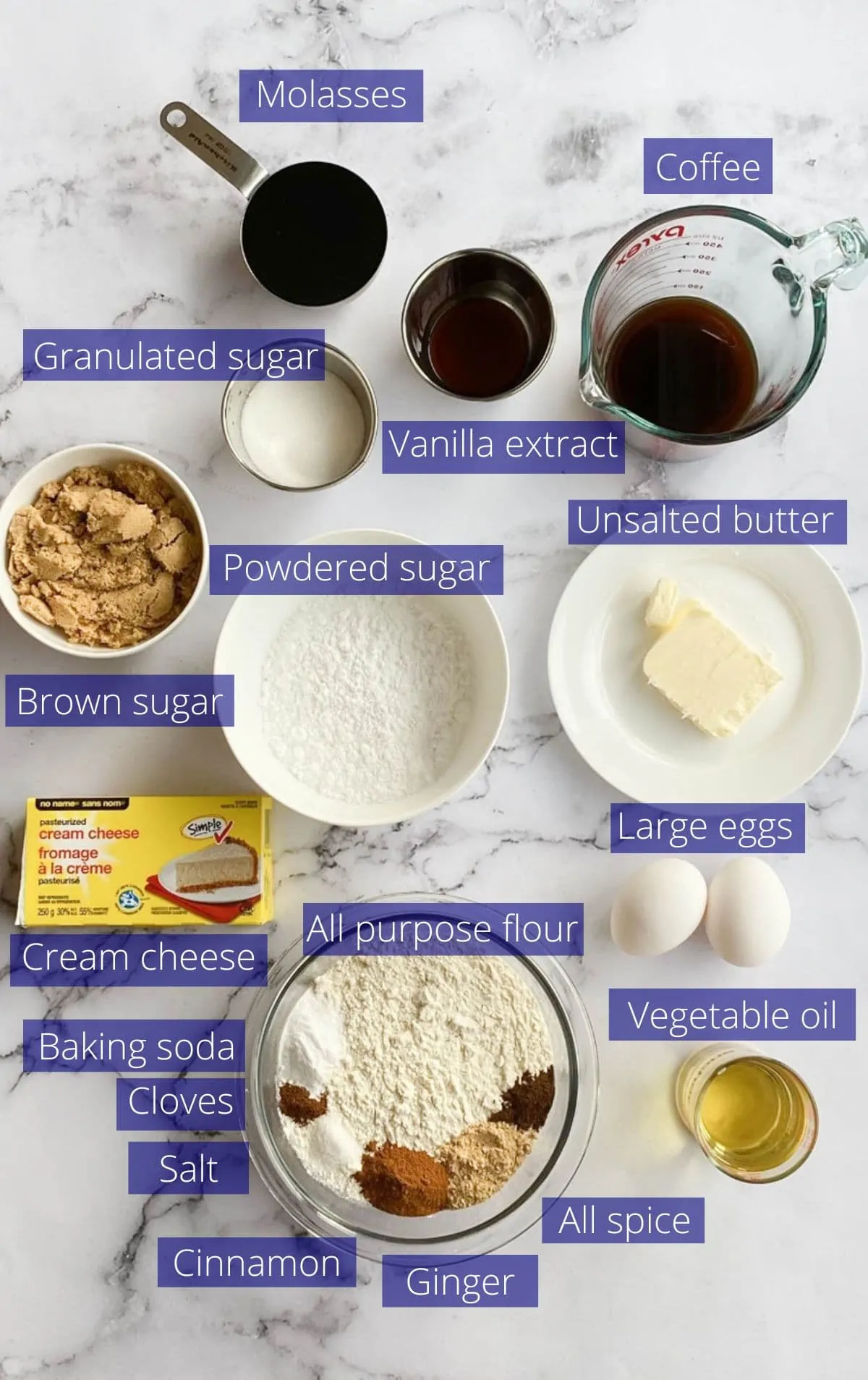 Ingredients needed to make gingerbread latte loaf.