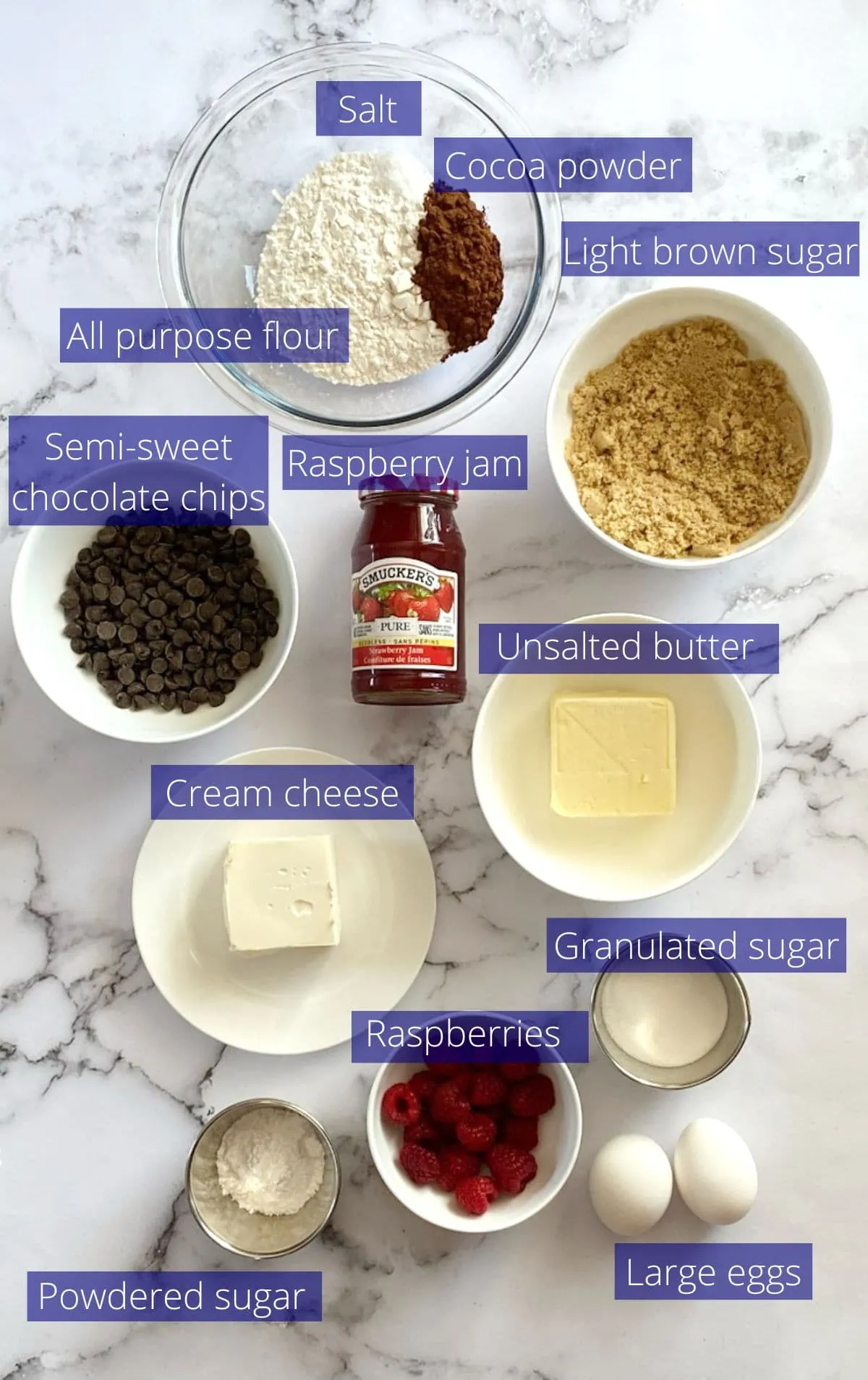 Ingredients needed to make raspberry truffle brownies.