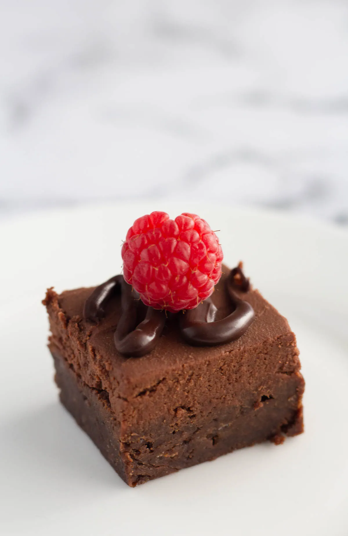 One brownie on a white plate. A raspberry sits on top of the brownie.