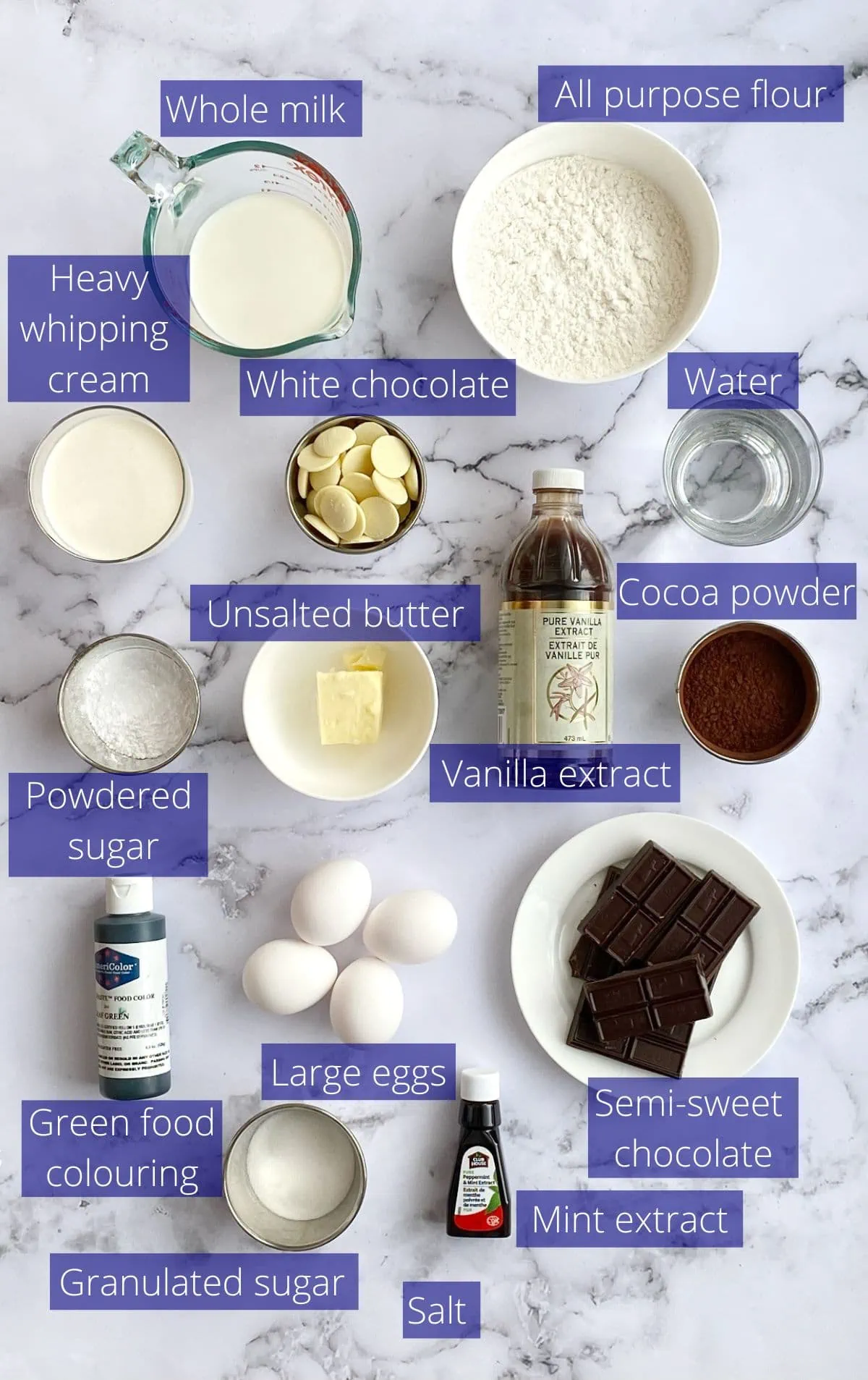 Ingredients needed to make mint chocolate crepe cake.