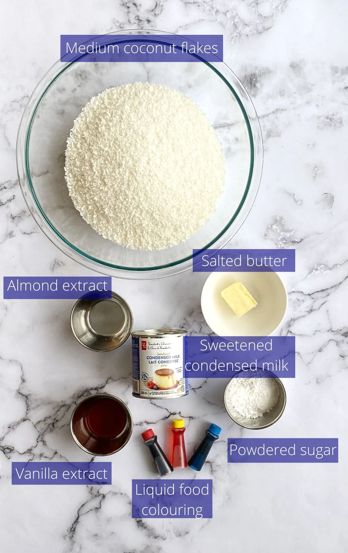 Ingredients needed to make Easter bunny coconut tails.