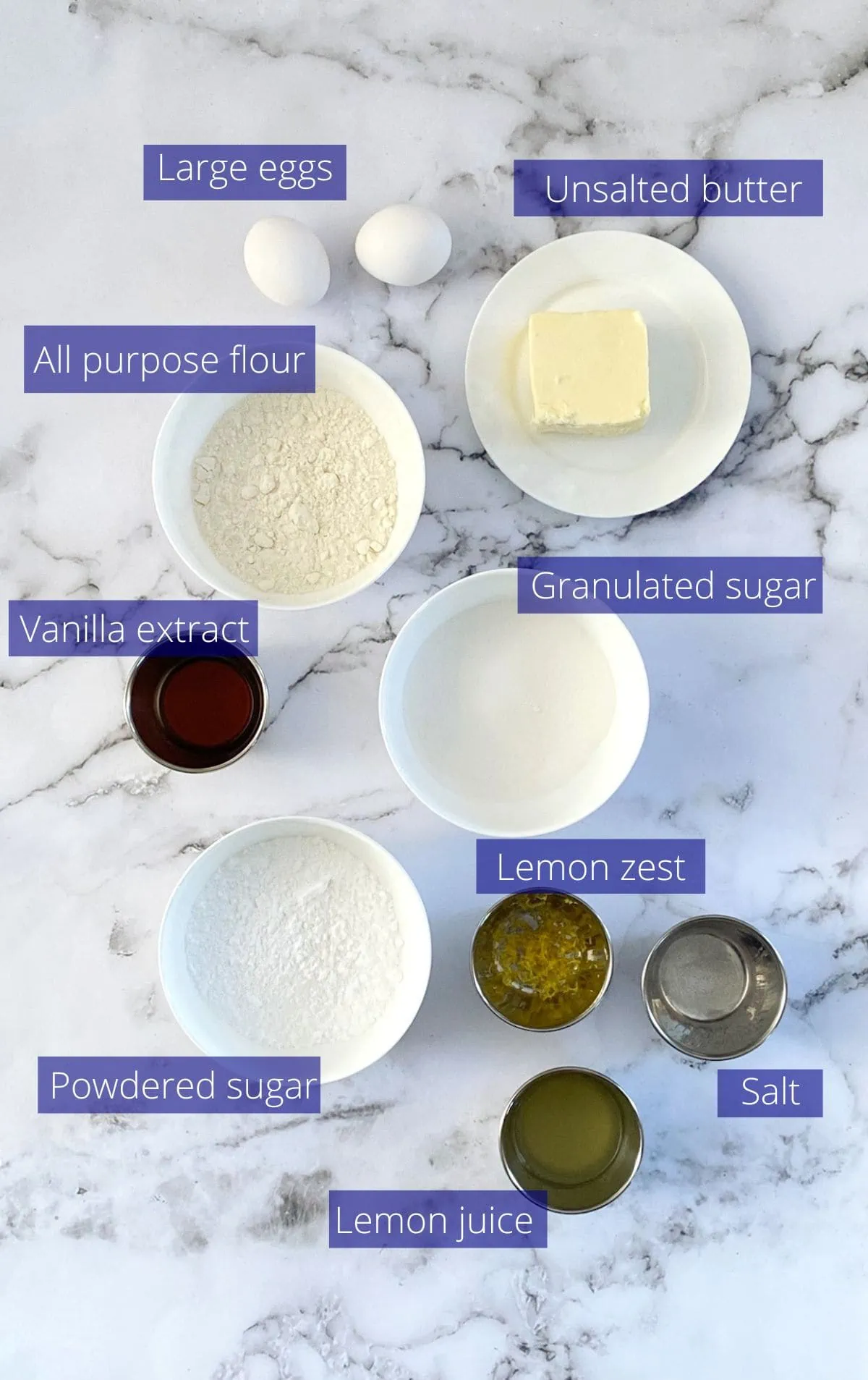 Ingredients needed to make fudgy lemon brownies.