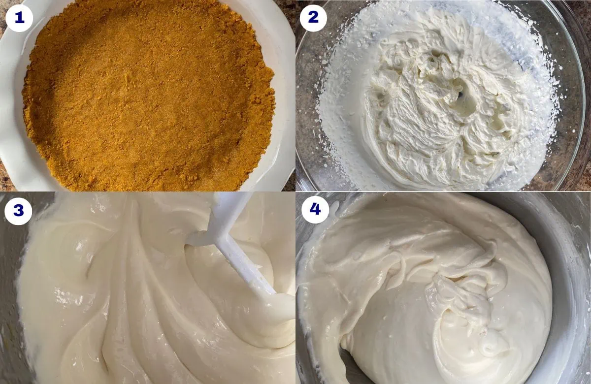 Recipe step 1-4 for no bake lemon cream cheese pie.
