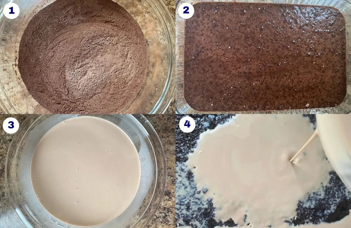 Recipe steps for making triple chocolate tres leches cake.