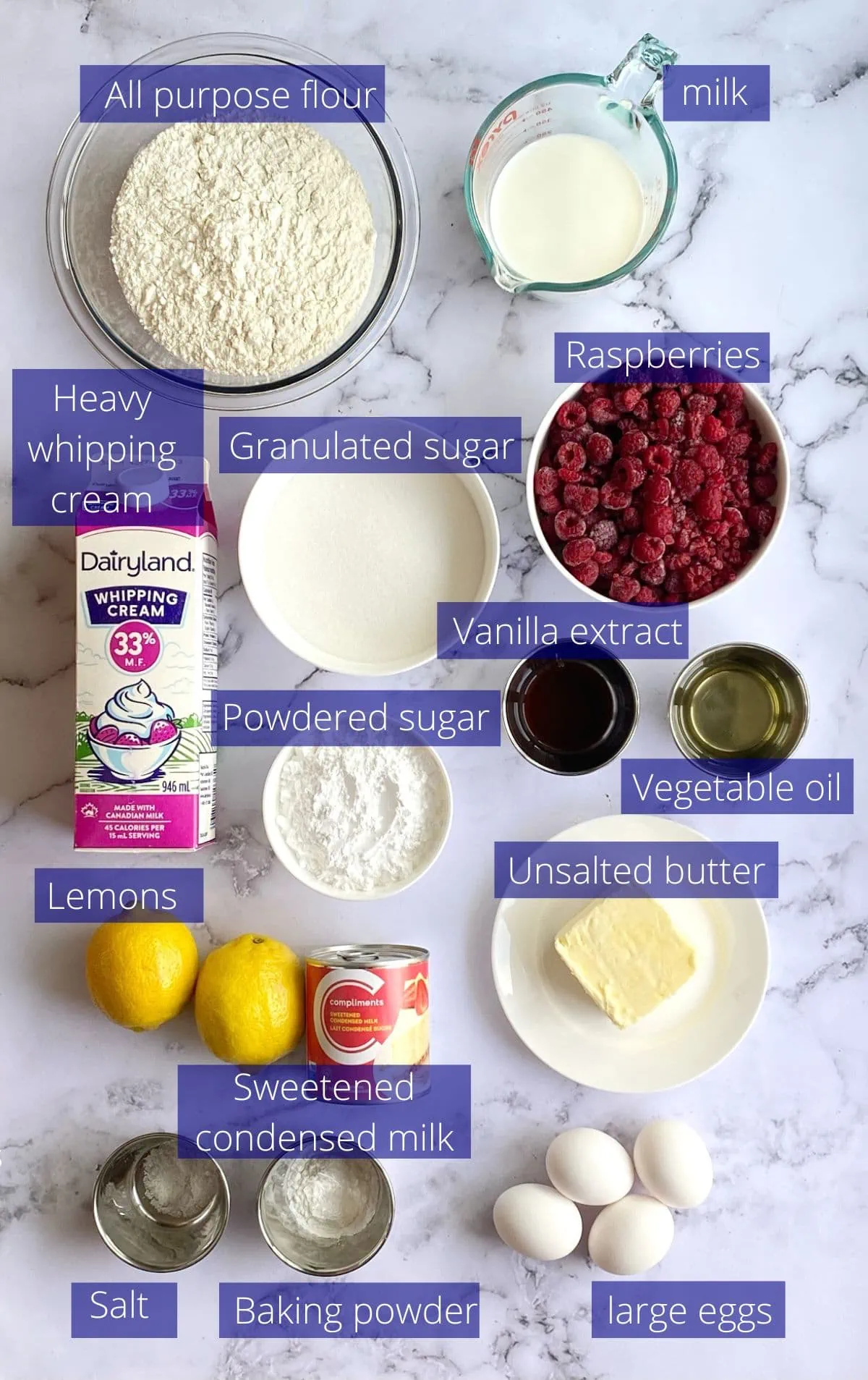 Ingredients needed to make lemon raspberry poke cake.