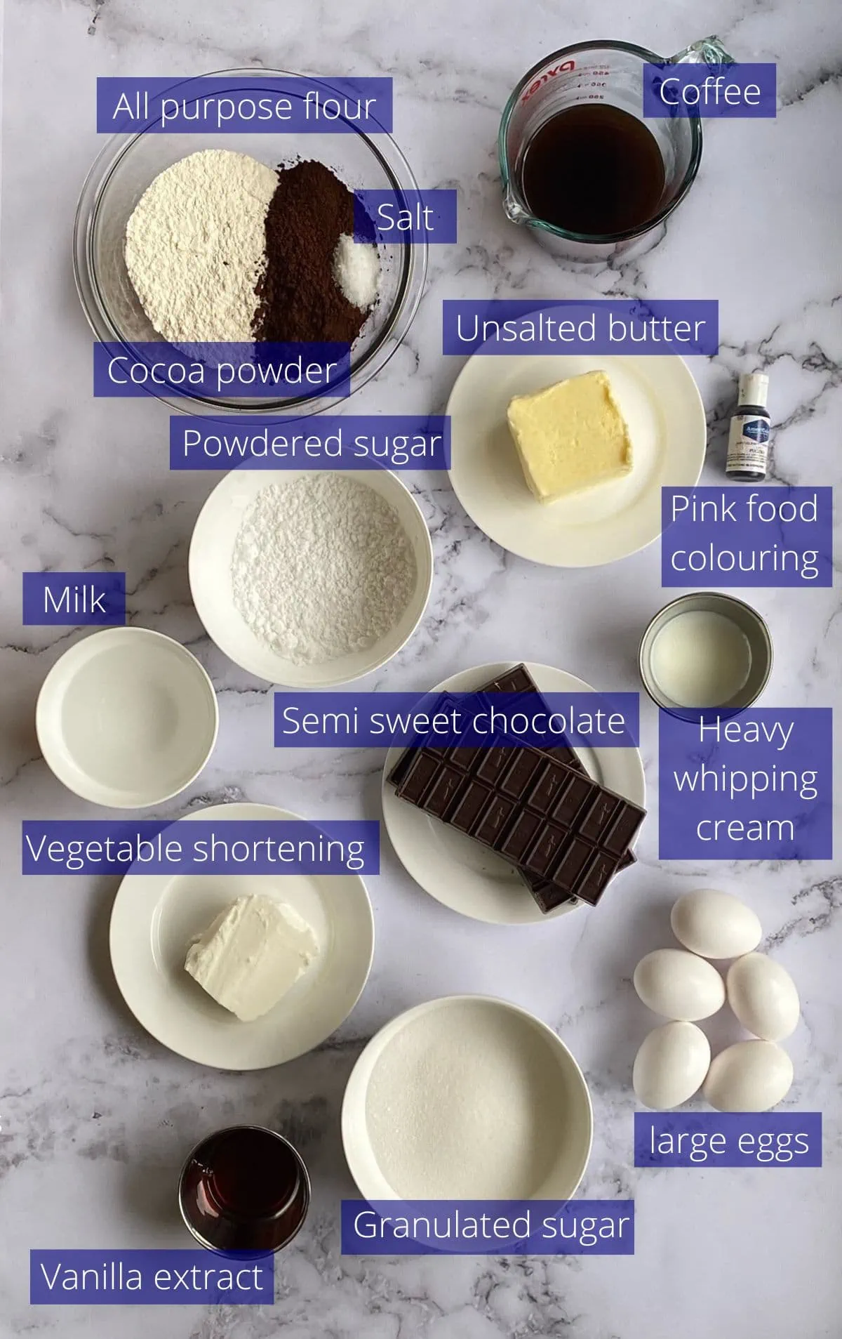 Ingredients needed to make mini brownie cakes.