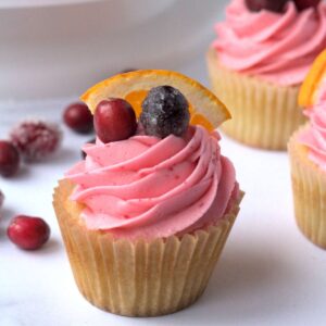 A cupcake with pink frosting. It's decorated with an orange slice and two cranberries, one of which is sugared.