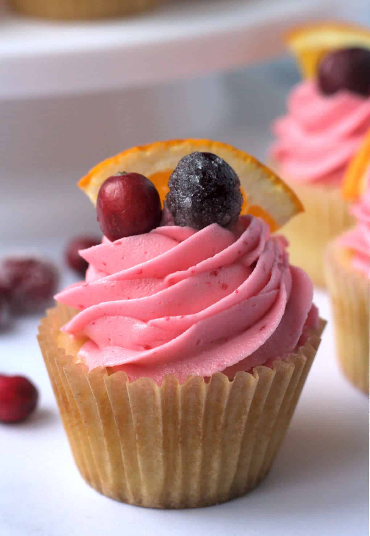 A cupcake with pink frosting.  It's decorated with an orange slice and two cranberries, one of which is sugared.