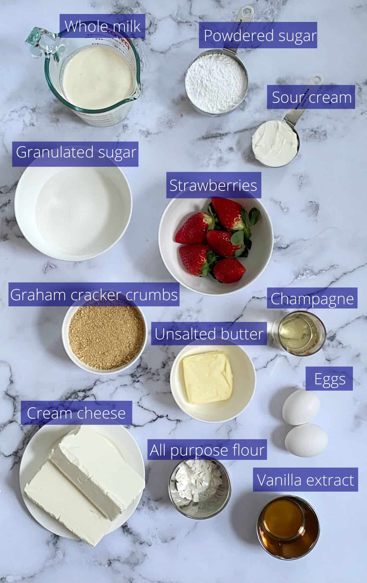 Ingredients needed to make mini strawberry Champagne cheesecakes.