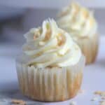 A cupcake with some shredded coconut scattered around.