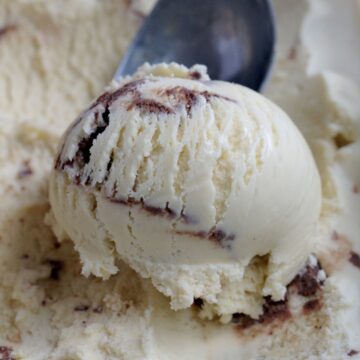 A scoop of ice cream. The ice cream scoop is in the background.