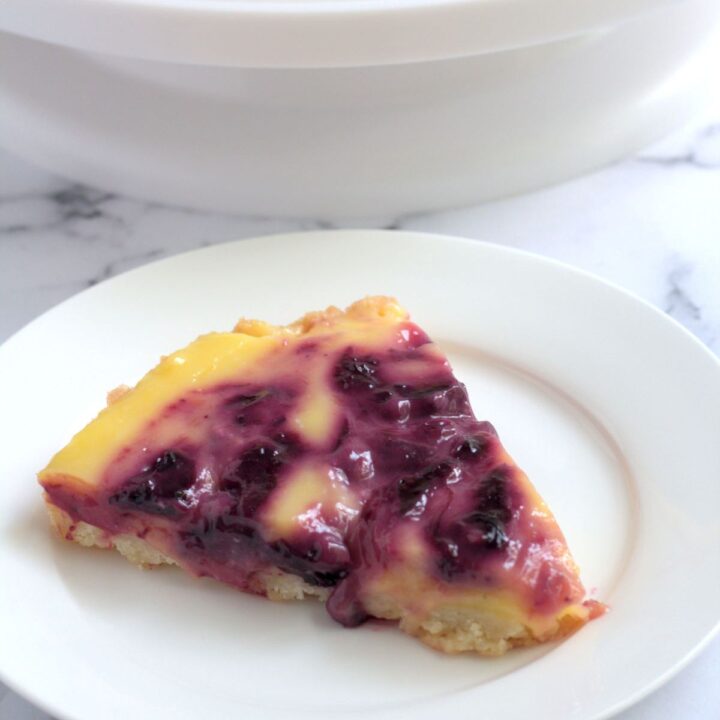 A slice of tart on a white plate.