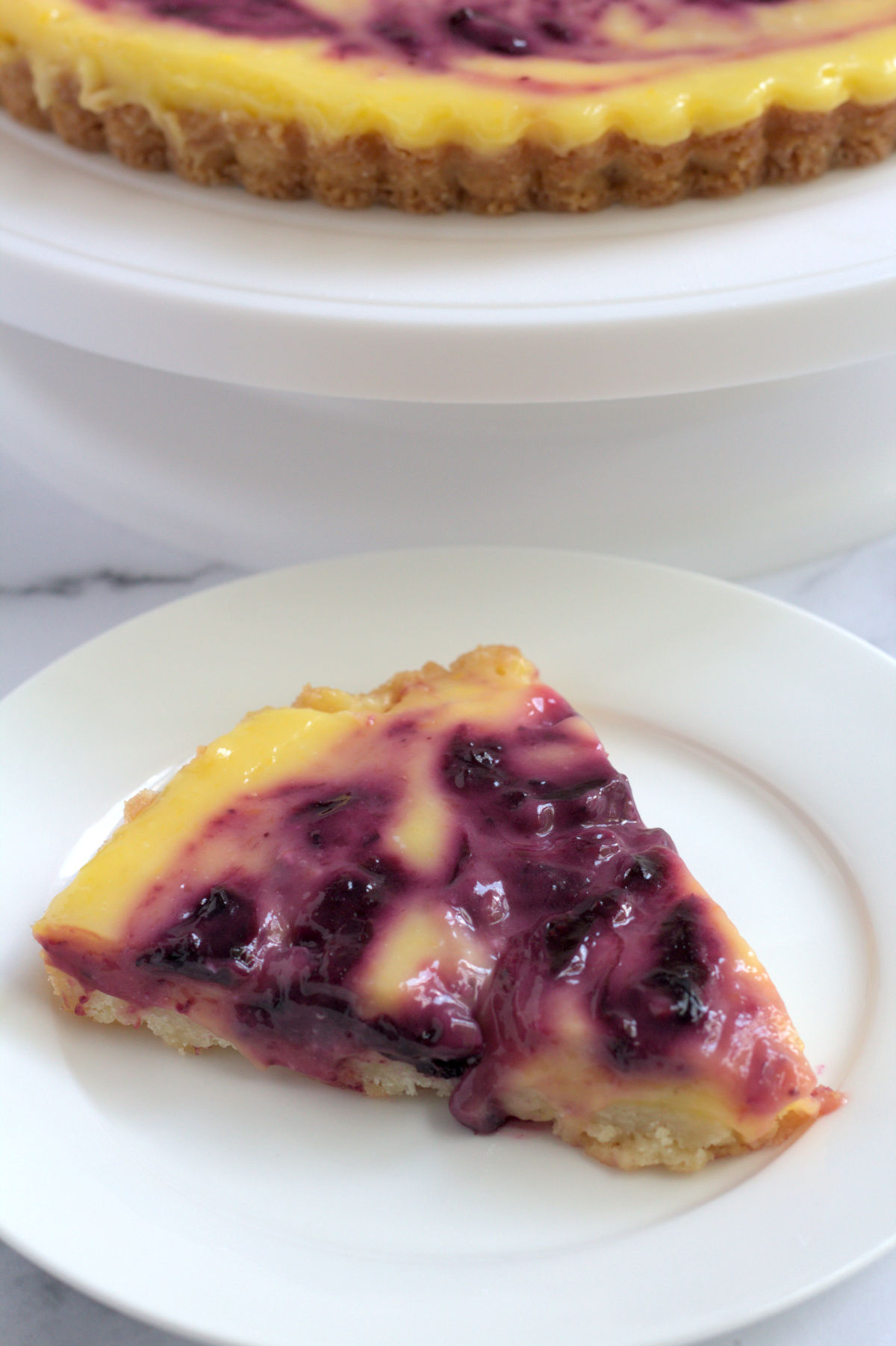 A slice of tart on a white plate.