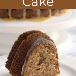 A slice of cake on a white plate. Some caramel is on the plate too.