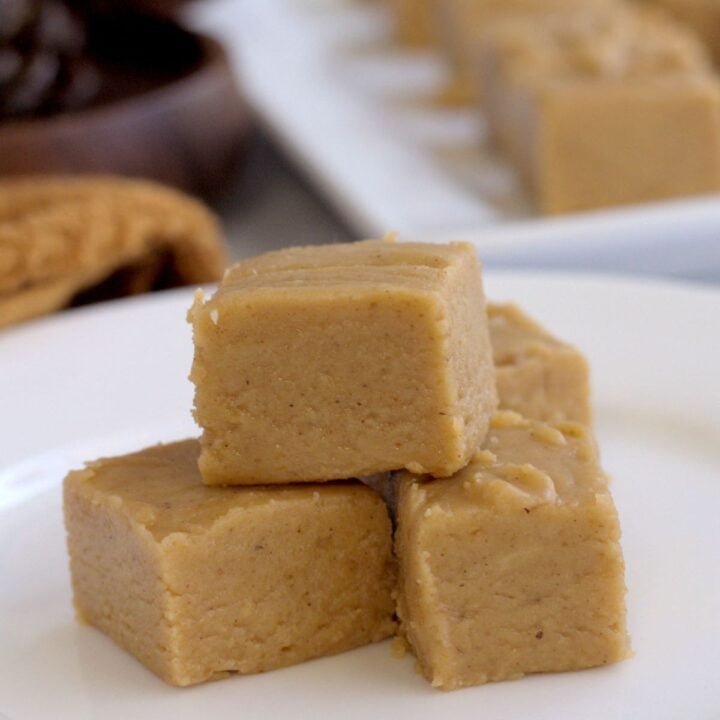 A bunch of fudge slices on a white plate.