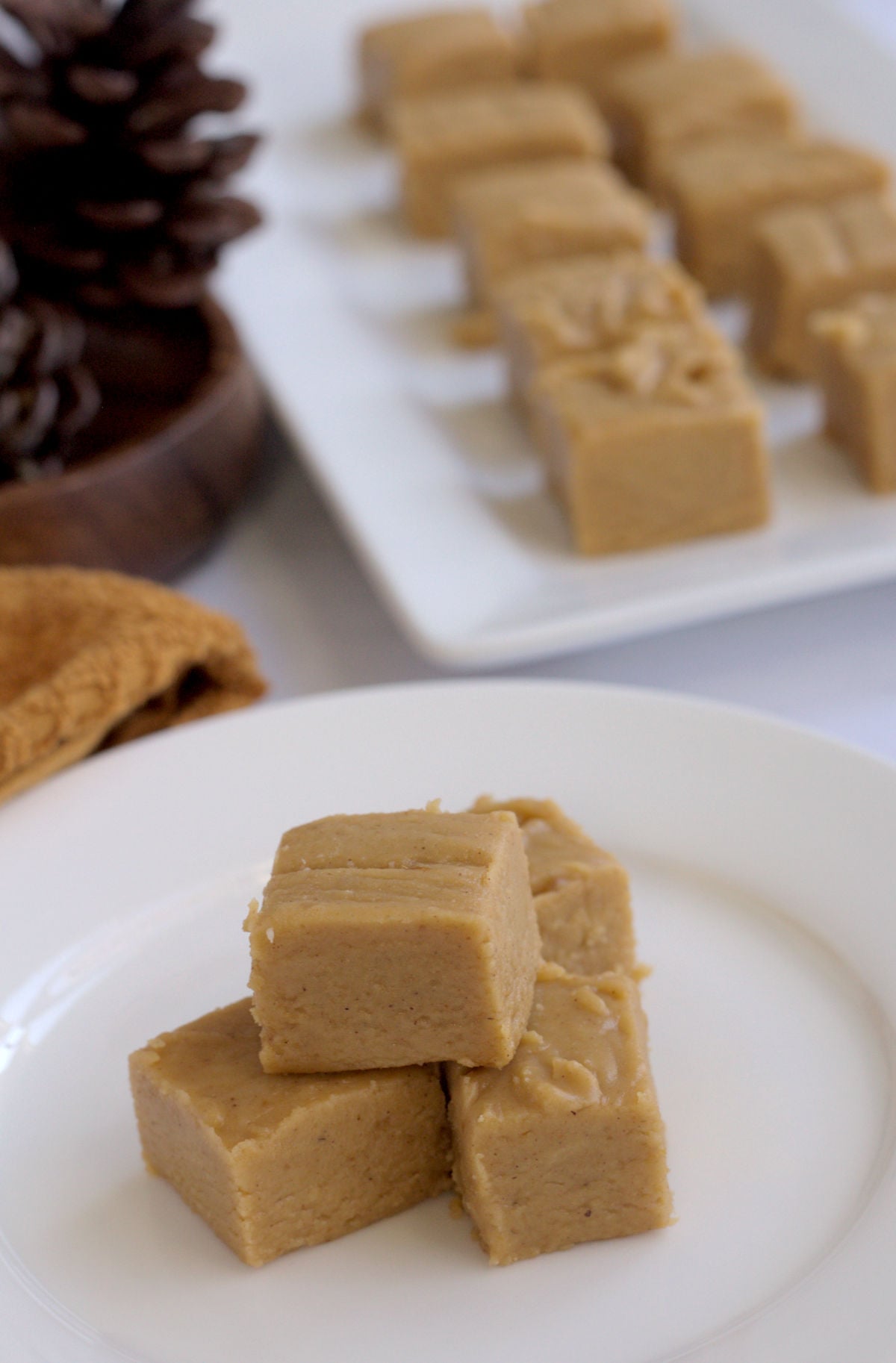A bunch of fudge slices on a white plate. More fudge is in the background on a white serving plate.